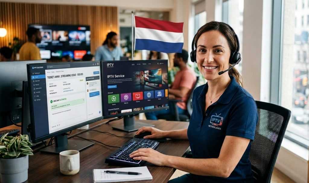 Nederlandse IPTV klantenservice medewerkster met headset achter een bureau met een Nederlandse vlag.